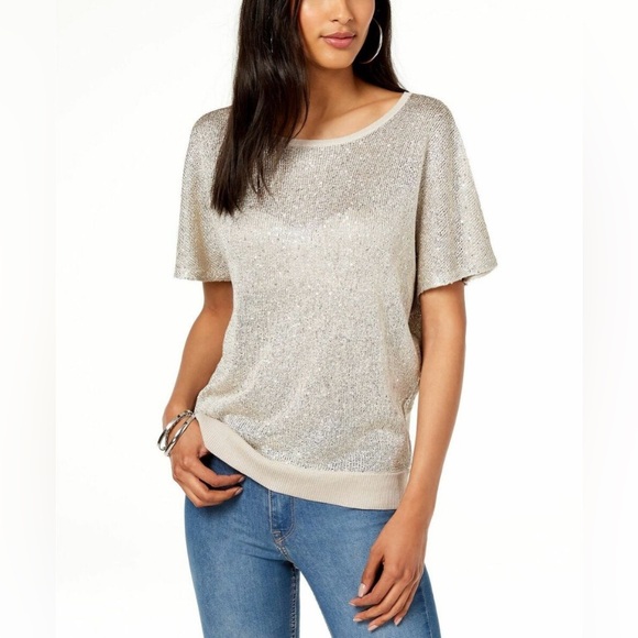 INC International Concepts Tops - INC International Concepts Beige Sequined Open Back Top Size L #1410